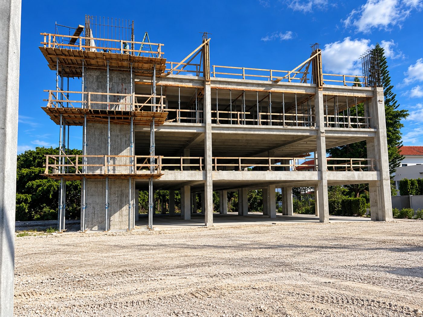 Concrete frame of the Sunset Square building under construction, with formwork and scaffolding, September 2026