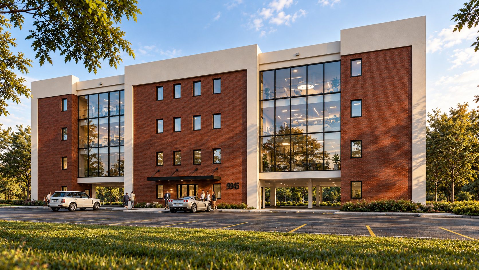 Architectural rendering of Sunset Square at 9945 Sunset Drive: a four-story brick and white-stucco building with a glass curtain wall, a canopy at the lobby entrance, and parking in front.